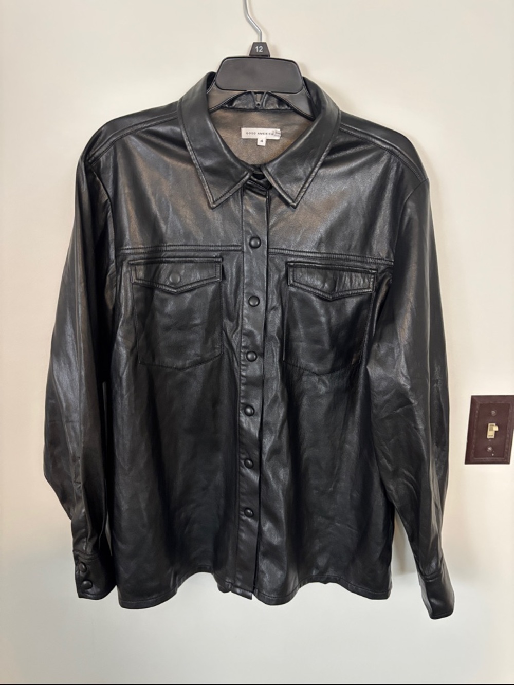 Good American Black Faux Leather Button-Front Shirt Jacket